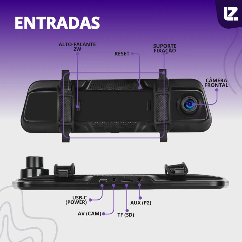 Espelho Retrovisor C/tela + Câmera Ré E Frontal